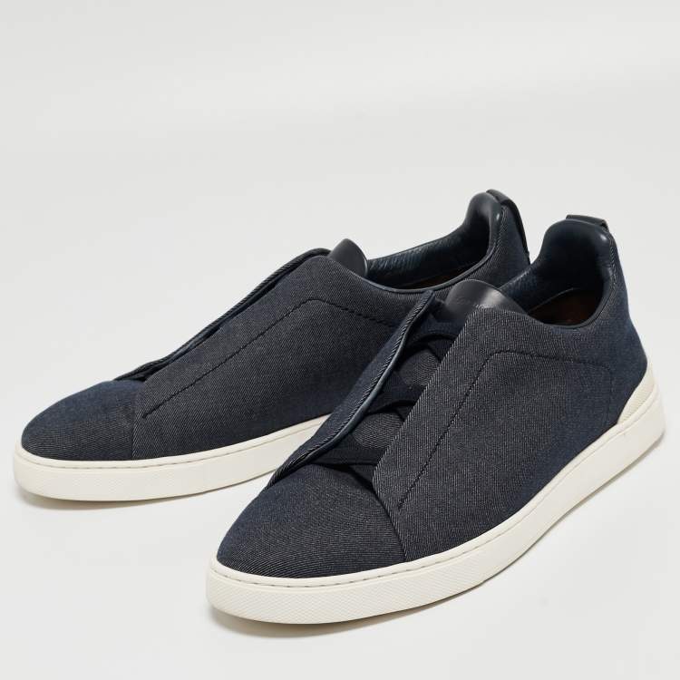 Pre Owned Ermenegildo Zegna Blue Denim and Leather Triple Stitch Low Top Sneakers Size 44