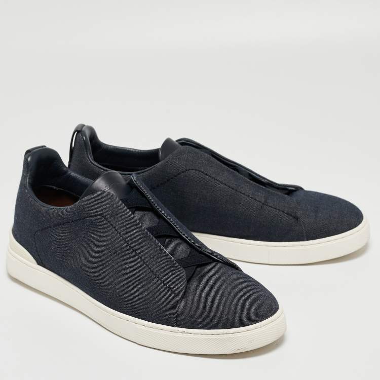 Pre Owned Ermenegildo Zegna Blue Denim and Leather Triple Stitch Low Top Sneakers Size 44