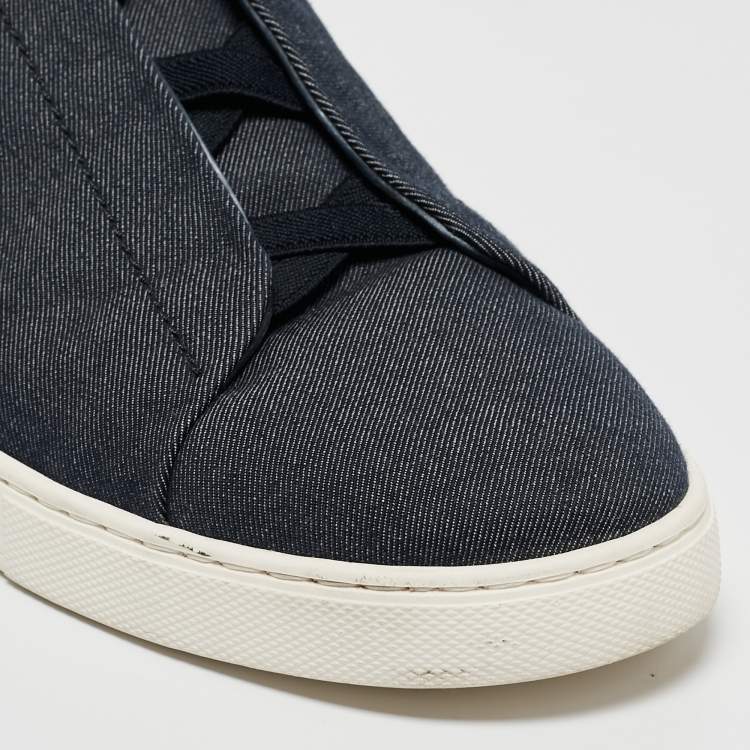 Pre Owned Ermenegildo Zegna Blue Denim and Leather Triple Stitch Low Top Sneakers Size 44