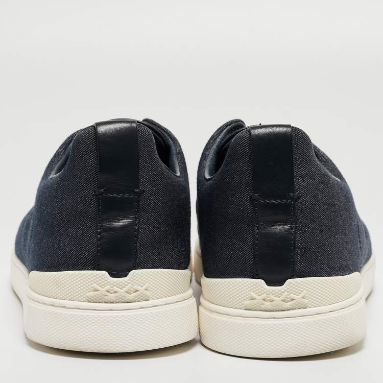Pre Owned Ermenegildo Zegna Blue Denim and Leather Triple Stitch Low Top Sneakers Size 44