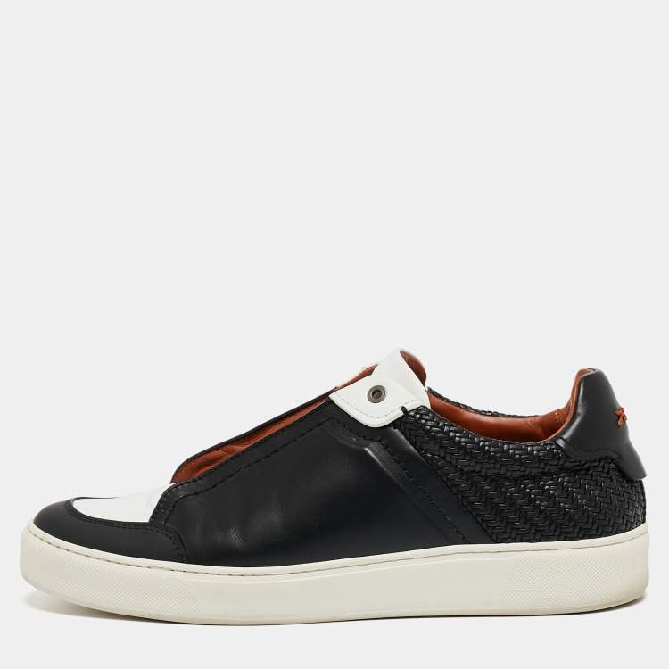 Pre Owned Ermenegildo Zegna Black/White Leather Triple Stitch Sneakers Size 44.5