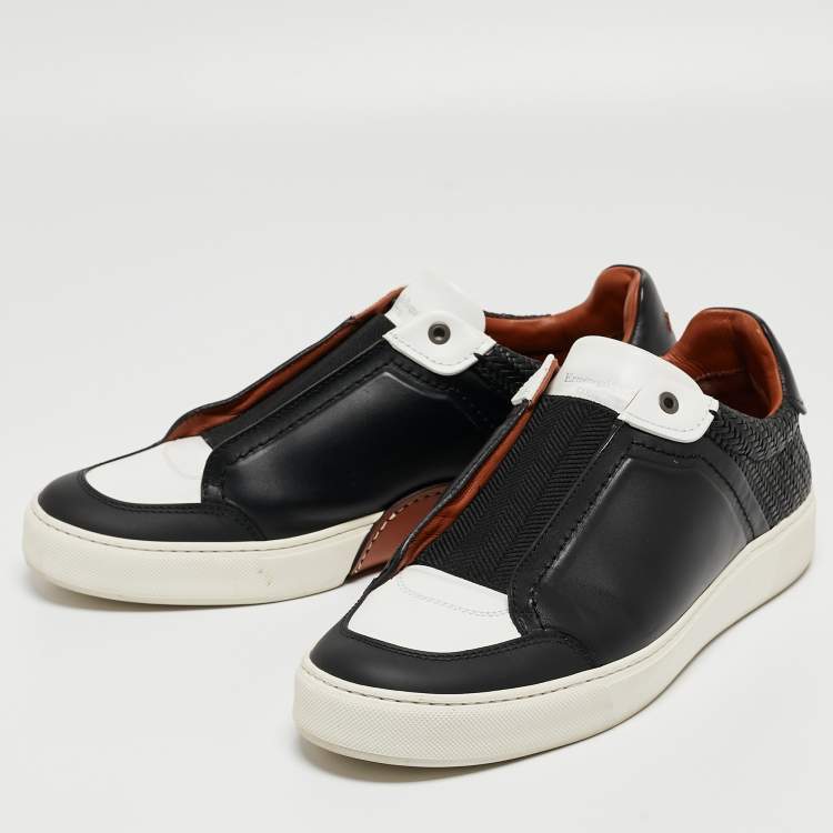 Pre Owned Ermenegildo Zegna Black/White Leather Triple Stitch Sneakers Size 44.5