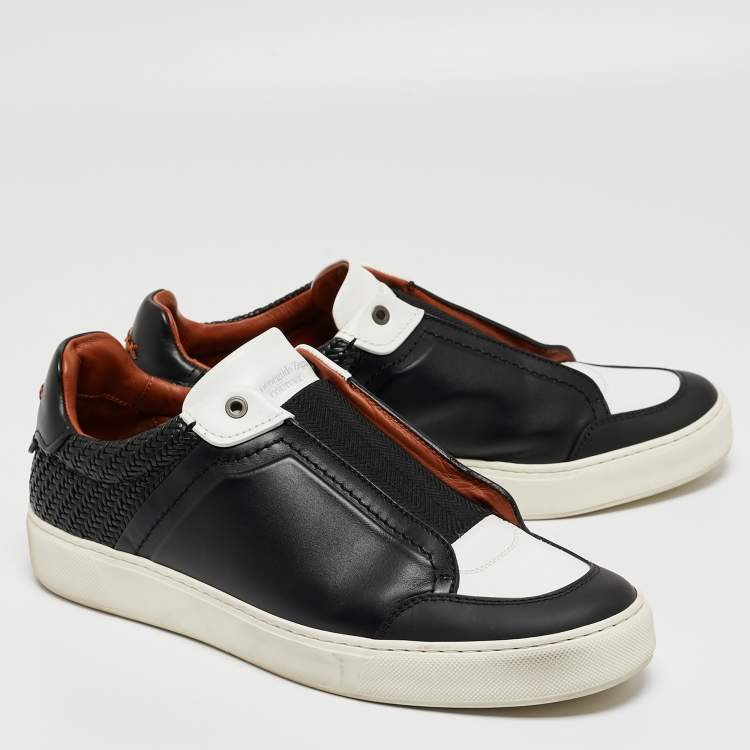 Pre Owned Ermenegildo Zegna Black/White Leather Triple Stitch Sneakers Size 44.5