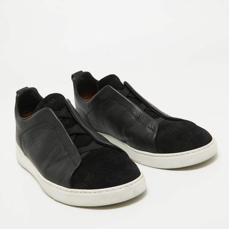 Pre Owned Ermenegildo Zegna Black Suede and Leather Triple Stitch Sneakers Size 43.5