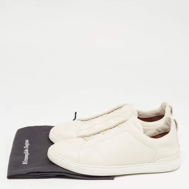 Pre Owned Ermenegildo Zegna Cream Leather Triple Stitch Low Top Sneakers  Size 44