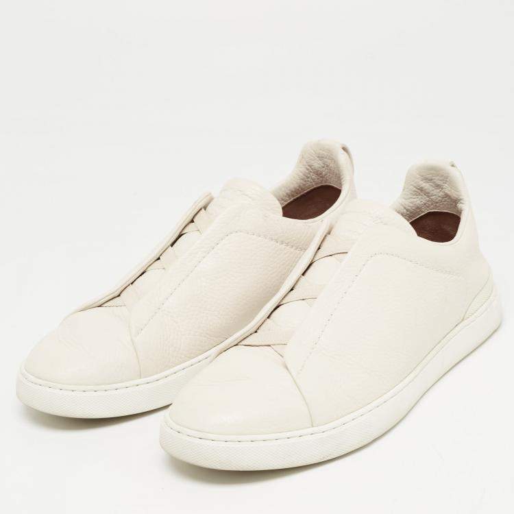Pre Owned Ermenegildo Zegna Cream Leather Triple Stitch Low Top Sneakers  Size 44
