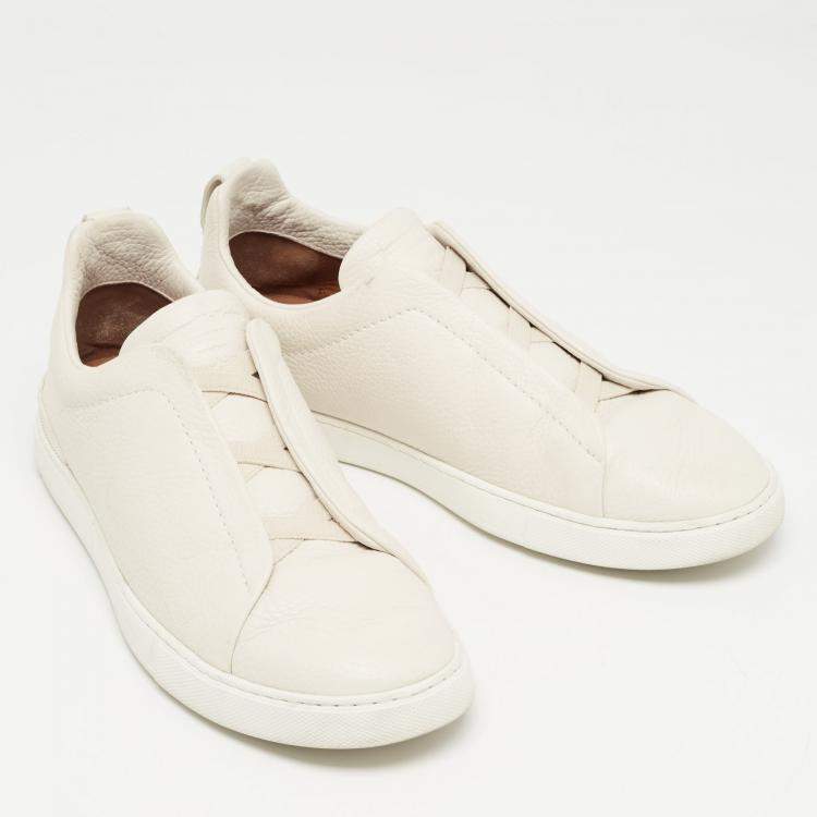 Pre Owned Ermenegildo Zegna Cream Leather Triple Stitch Low Top Sneakers  Size 44