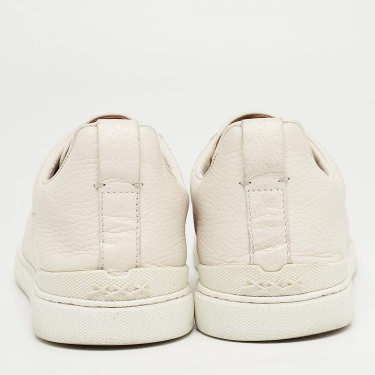 Pre Owned Ermenegildo Zegna Cream Leather Triple Stitch Low Top Sneakers  Size 44
