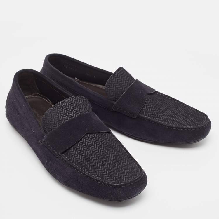 Pre Owned Ermenegildo Zegna Navy Blue Textured Suede Slip On Loafers Size 43