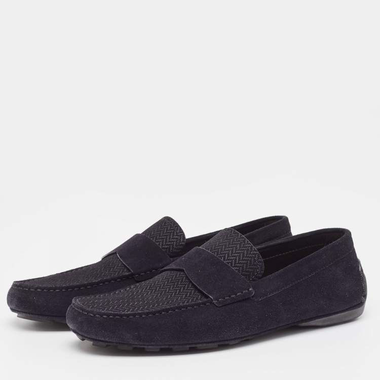 Pre Owned Ermenegildo Zegna Navy Blue Textured Suede Slip On Loafers Size 43