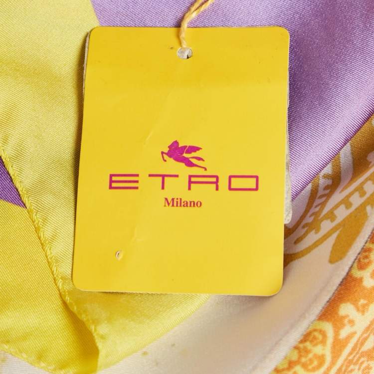 Pre Owned Etro Yellow/Purple Printed Silk Pocket Square 