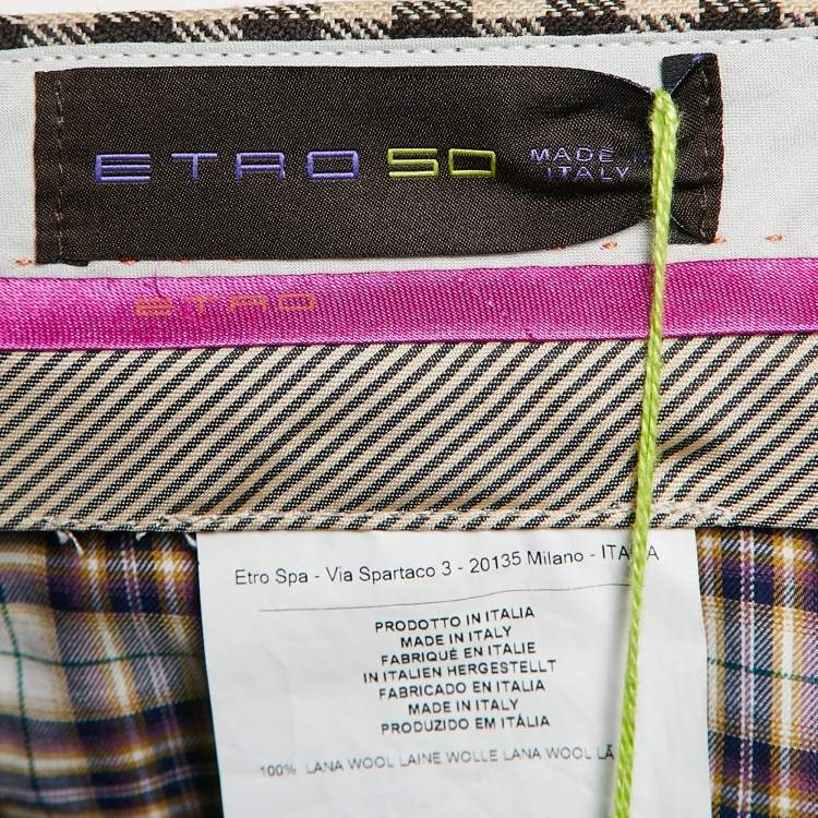 Pre Owned Etro Brown/Beige Gingham Wool Trousers L