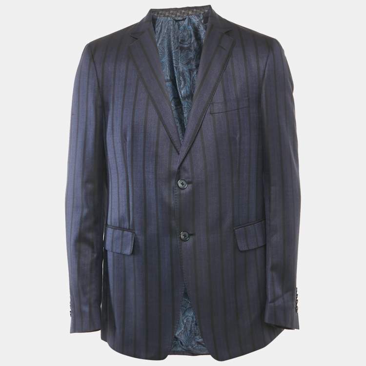 Pre Owned Etro Blue Striped Silk Blend Single Breasted Blazer XL