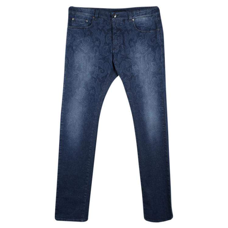 Etro Indigo Faded Effect Paisley Printed Denim Regular Fit Jeans 