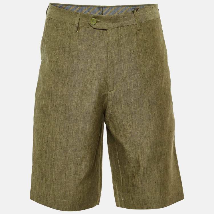 Pre Owned Etro Olive Green Melange Linen Shorts M/Waist 34"