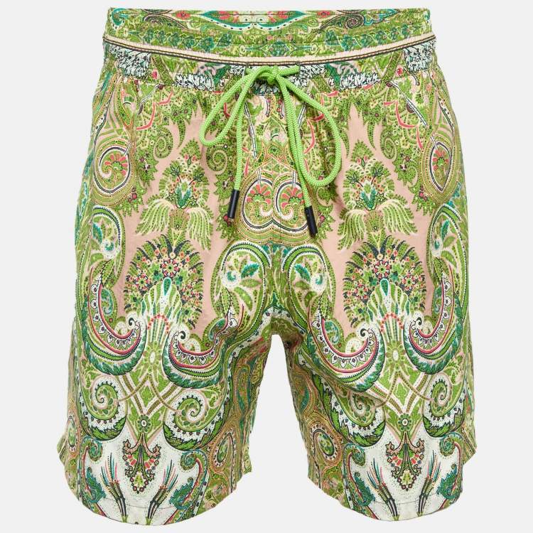 Pre Owned Etro Green Paisley Print Nylon Swim Shorts L