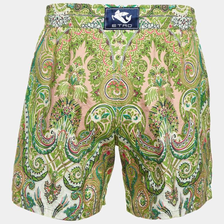 Pre Owned Etro Green Paisley Print Nylon Swim Shorts L