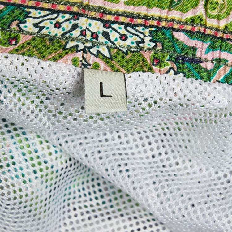 Pre Owned Etro Green Paisley Print Nylon Swim Shorts L