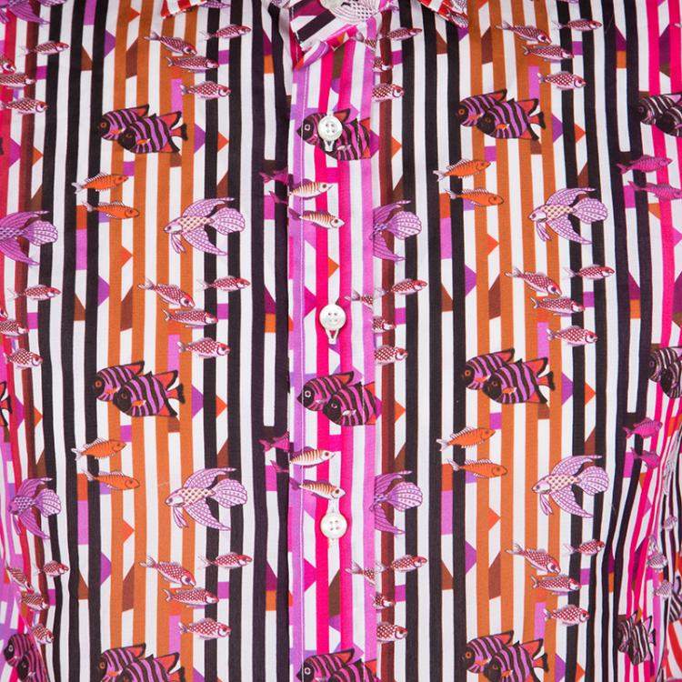 Pre Owned Etro Multicolor Fish Print Striped Cotton Long Sleeve Button Front Shirt XL