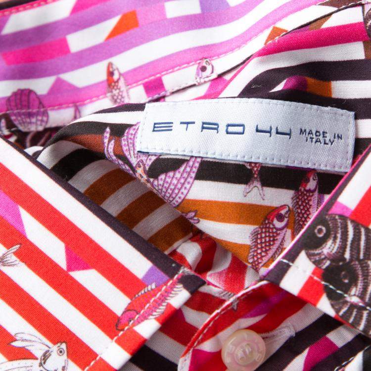 Pre Owned Etro Multicolor Fish Print Striped Cotton Long Sleeve Button Front Shirt XL