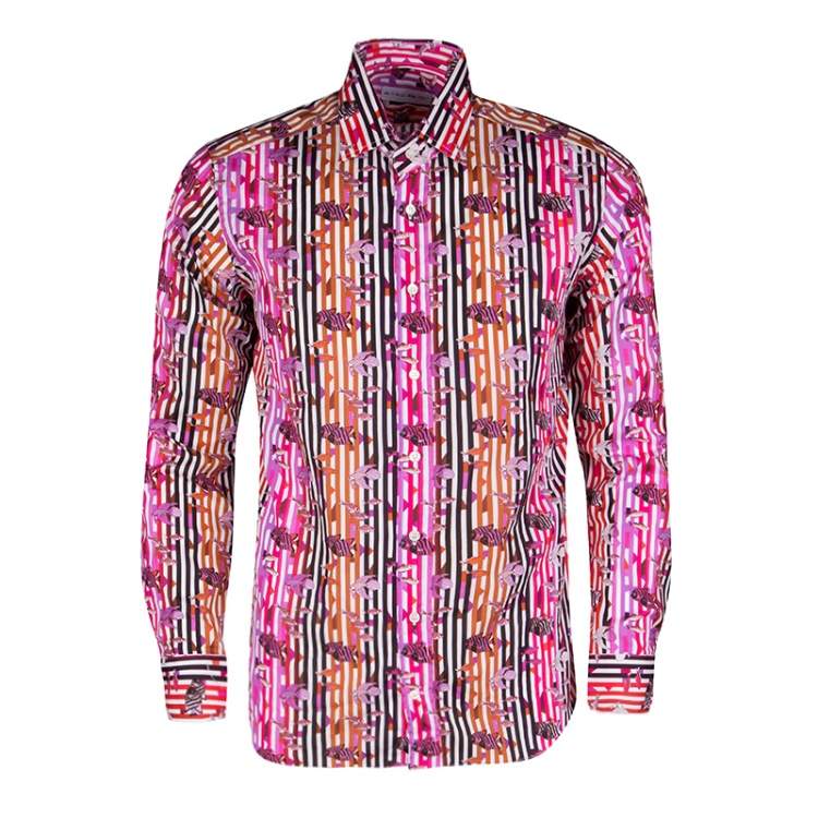 Pre Owned Etro Multicolor Fish Print Striped Cotton Long Sleeve Button Front Shirt XL