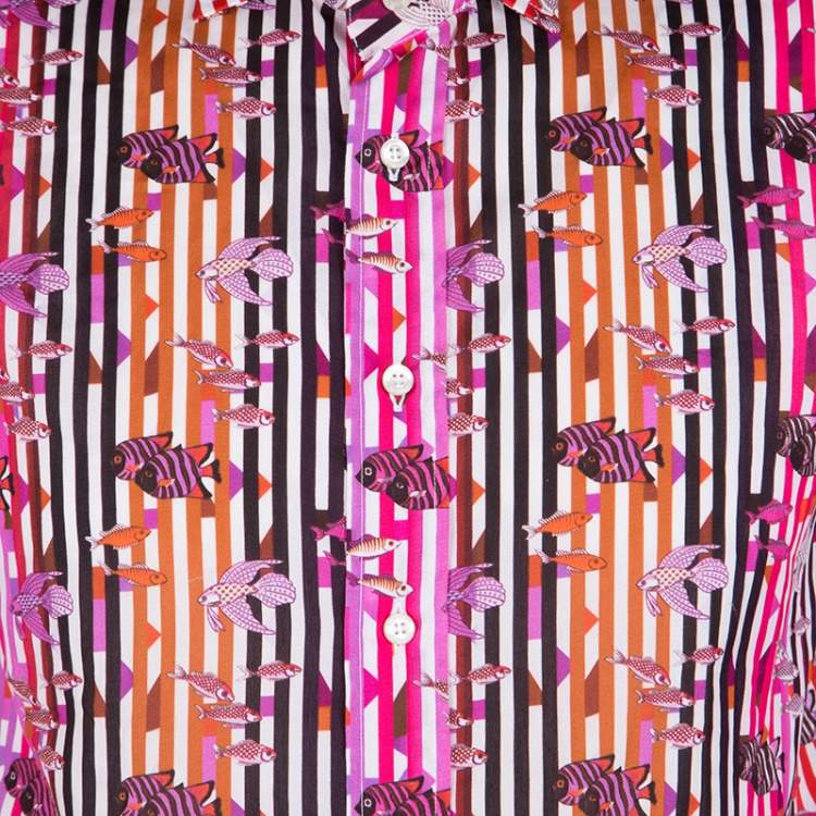 Pre Owned Etro Multicolor Fish Print Striped Cotton Long Sleeve Button Front Shirt XL