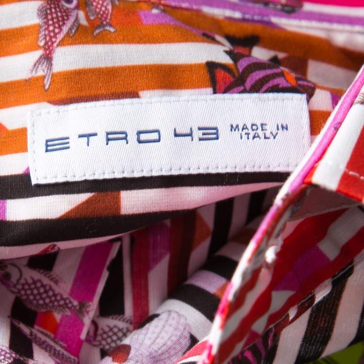 Pre Owned Etro Multicolor Fish Print Striped Cotton Long Sleeve Button Front Shirt XL