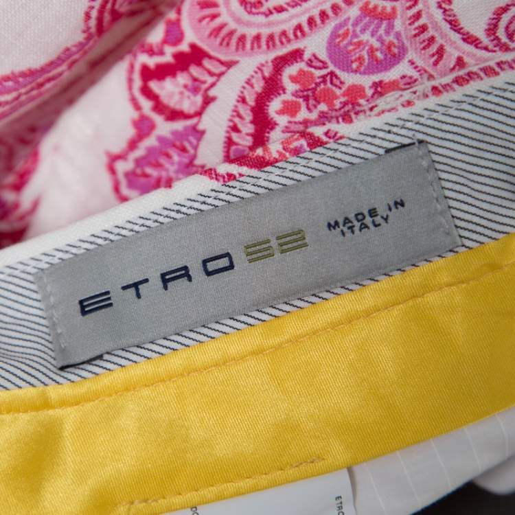 Pre Owned Etro White and Pink Paisley and Floral Printed Linen Mexico Trousers L