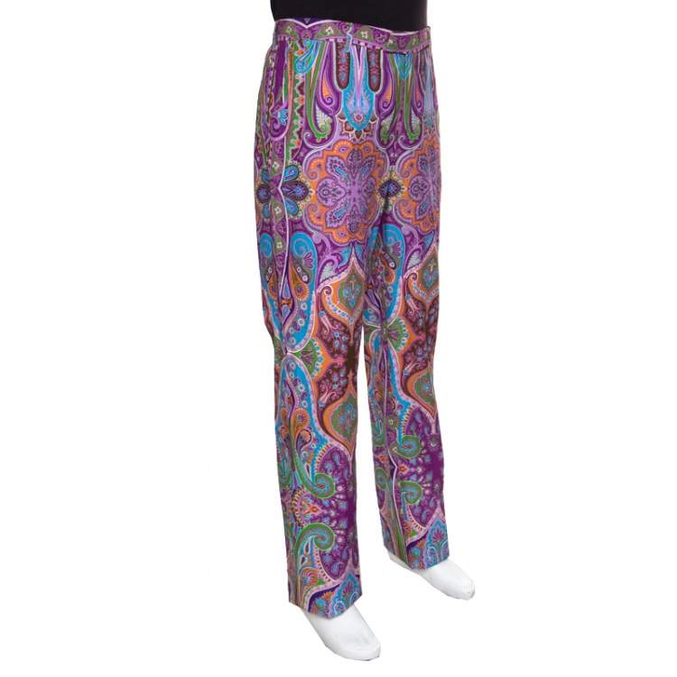 Pre Owned Etro Purple Paisley Printed Cotton Trousers L