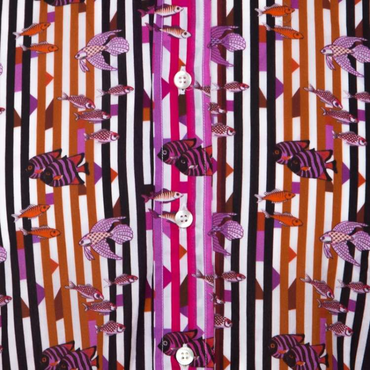 Pre Owned Etro Multicolor Fish Print Striped Cotton Long Sleeve Button Front Shirt S