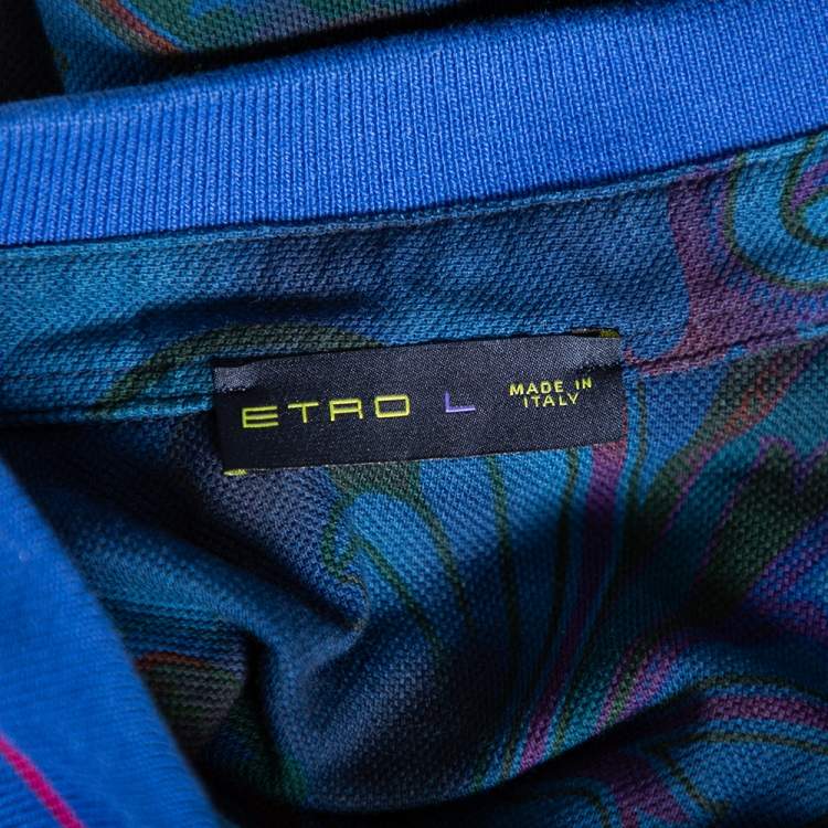 Pre Owned Etro Blue Paisley Print Cotton Pique Contrast Collar & Cuff Polo T Shirt L