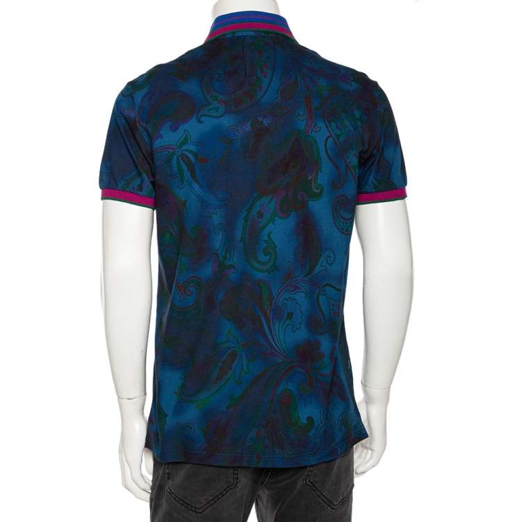 Pre Owned Etro Blue Paisley Print Cotton Pique Contrast Collar & Cuff Polo T Shirt L