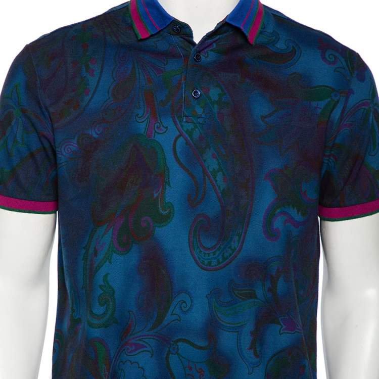 Pre Owned Etro Blue Paisley Print Cotton Pique Contrast Collar & Cuff Polo T Shirt L