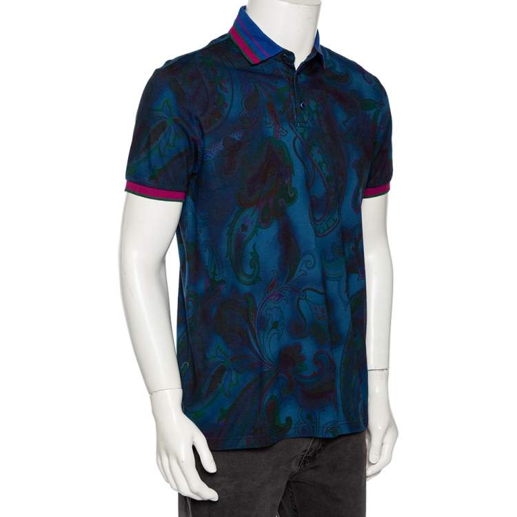 Pre Owned Etro Blue Paisley Print Cotton Pique Contrast Collar & Cuff Polo T Shirt L