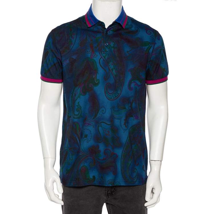 Pre Owned Etro Blue Paisley Print Cotton Pique Contrast Collar & Cuff Polo T Shirt L