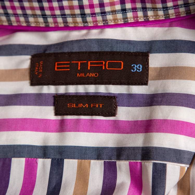 Pre Owned Etro Multicolored Striped Cotton Contrast Collar & Cuff Detail Slim Fit Shirt M