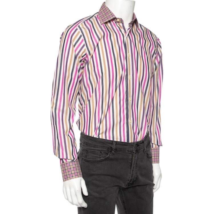 Pre Owned Etro Multicolored Striped Cotton Contrast Collar & Cuff Detail Slim Fit Shirt M