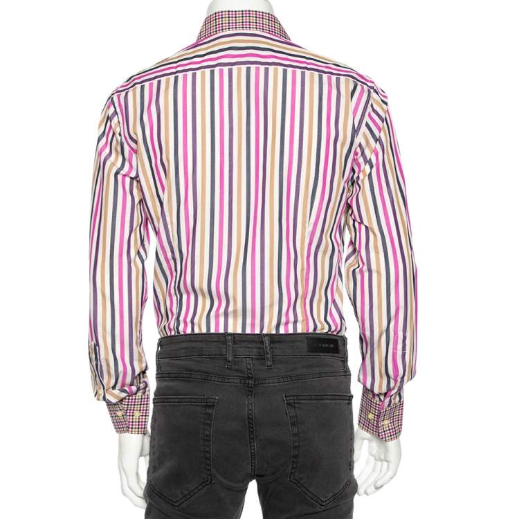 Pre Owned Etro Multicolored Striped Cotton Contrast Collar & Cuff Detail Slim Fit Shirt M