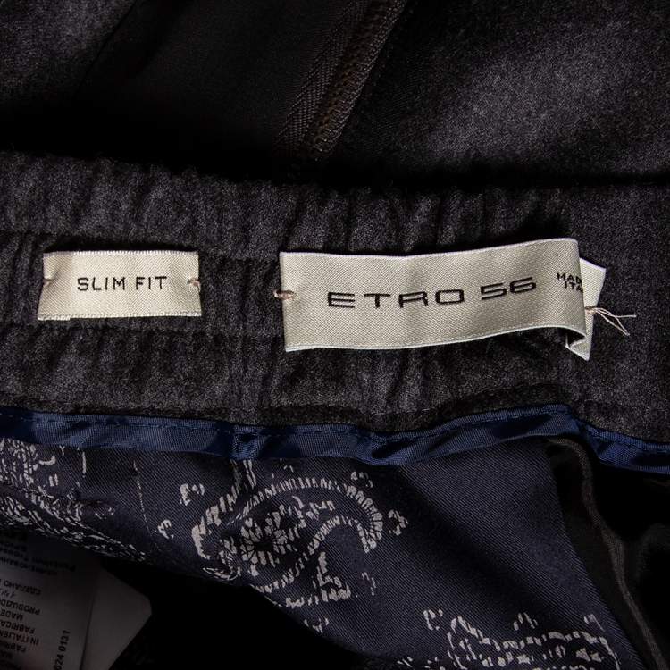 Pre Owned Etro Grey & Black Trimmed Wool Elasticized Waist Detail Pants XXXL