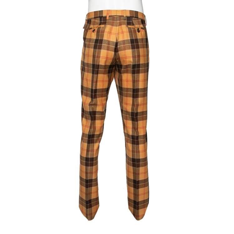 مملوكة �مسبقًا Etro Tan Brown Plaid Checked Wool Cuba Slim Fit Trousers XXL