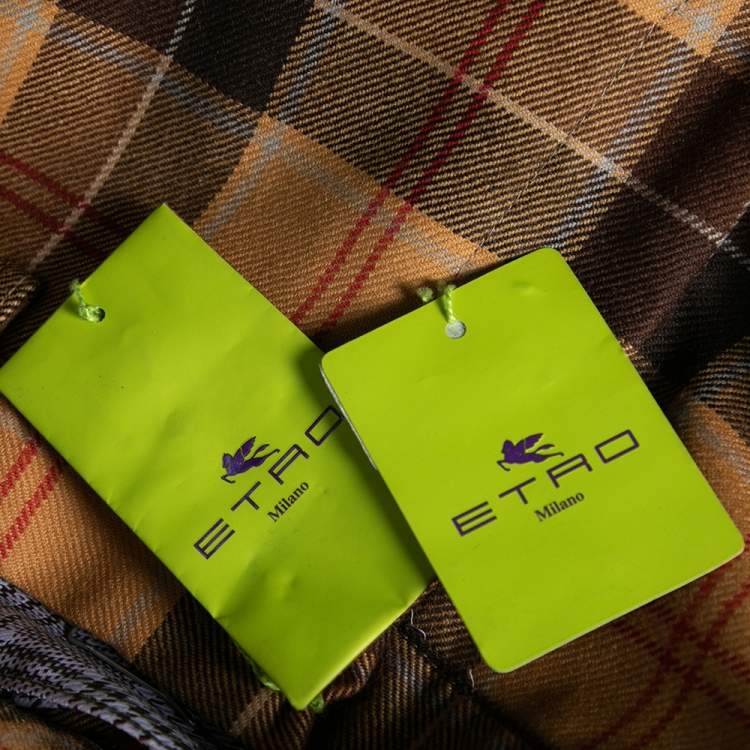 مملوكة مسبقًا Etro Tan Brown Plaid Checked Wool Cuba Slim Fit Trousers XXL