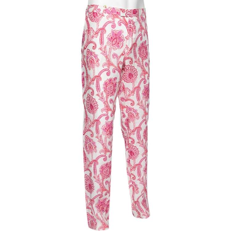 Pre Owned Etro Pink Paisley & Floral Printed Linen Mexico Trousers XXL