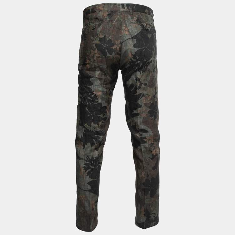 Pre Owned Etro Dark Green Printed Linen Trousers L