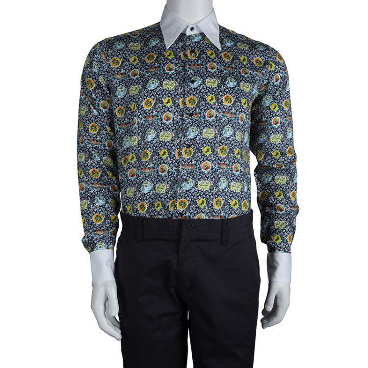 مملوكة مسبقًا Etro Floral Printed Cotton Contrast Collar Button Front Shirt M