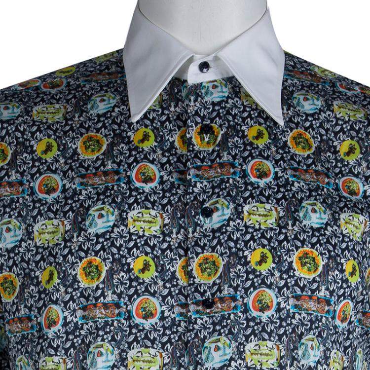 مملوكة مسبقًا Etro Floral Printed Cotton Contrast Collar Button Front Shirt M