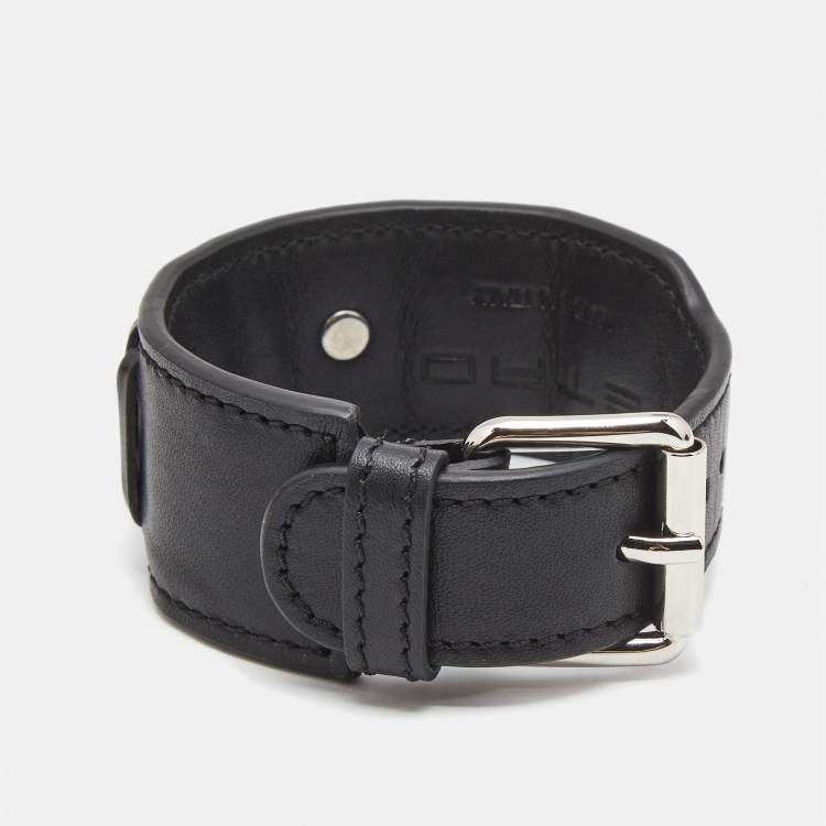 Pre Owned Etro Black Crown Me Leather Plastic Silver Tone  Wrap Bracelet