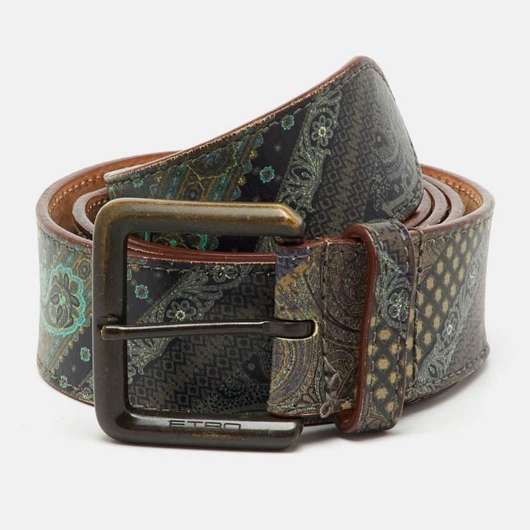 Pre Owned Etro Multicolor Printed Leather Buckle Belt 105CM
