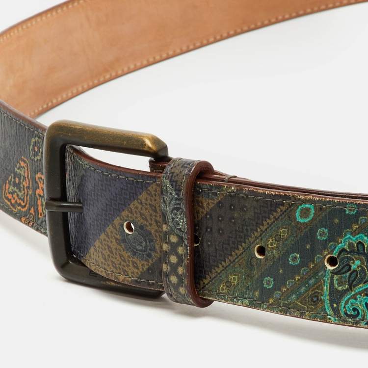 Pre Owned Etro Multicolor Printed Leather Buckle Belt 105CM