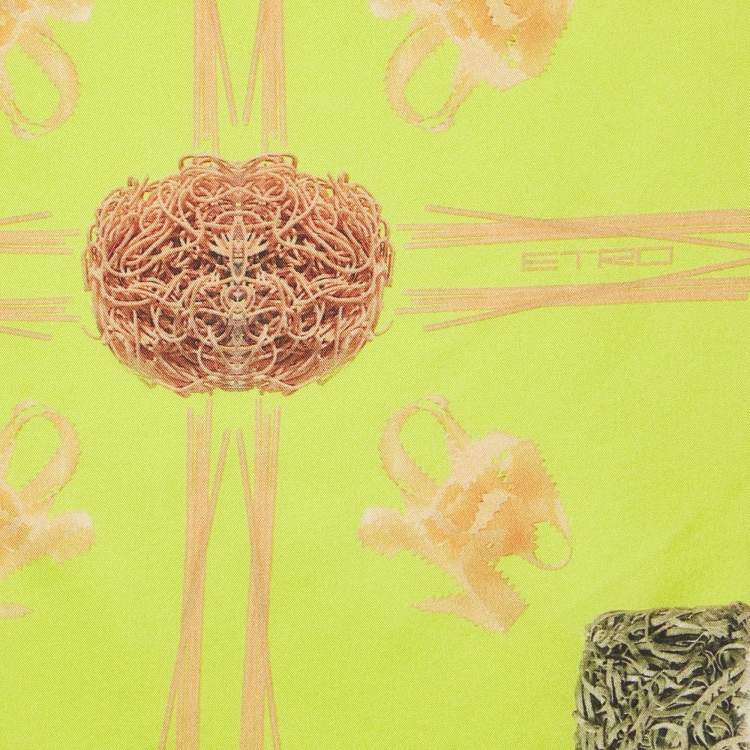 Pre Owned Etro Neon Green Spaghetti Printed Silk Pocket Square