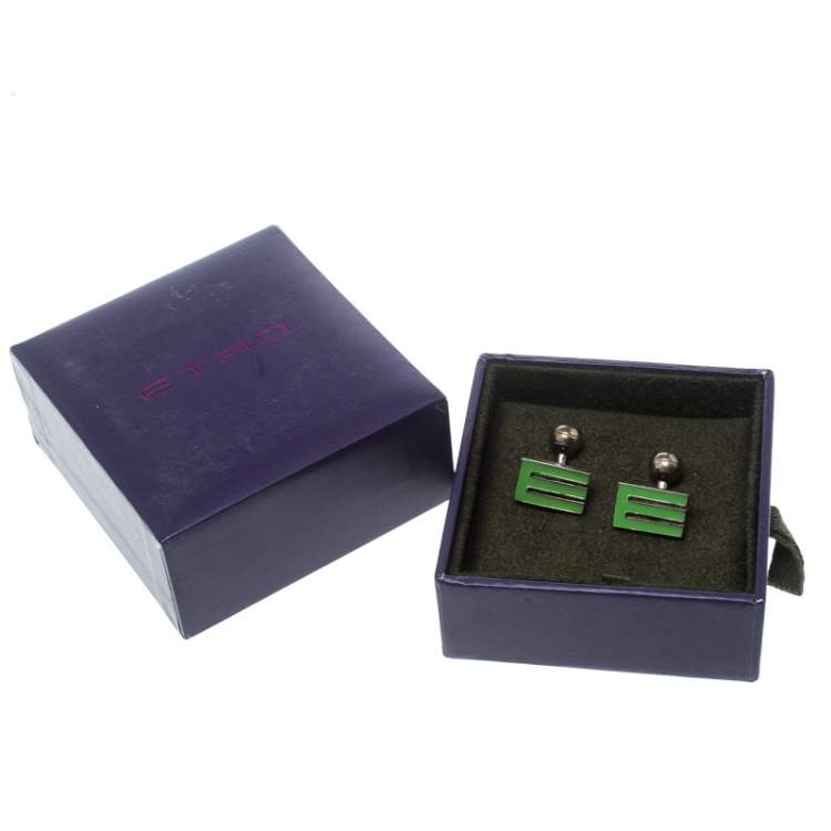 Pre Owned Etro E Green Enamel Silver Tone Cufflinks